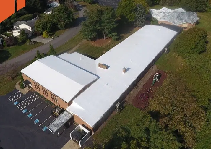 An aerial shot of a commercial building