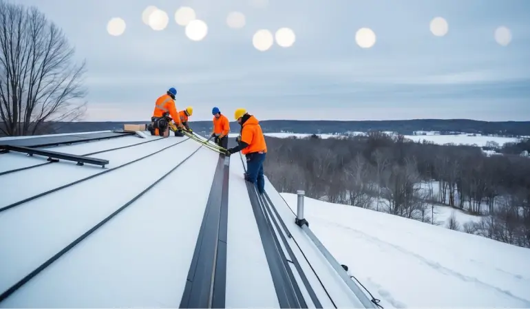 Commercial contractors work on an angled commercial roof in winter