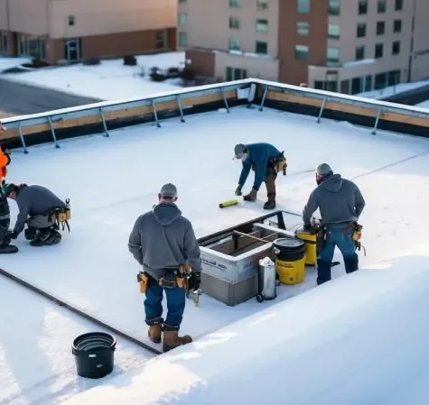 Professional commercial contractors work on a commercial building in the winter