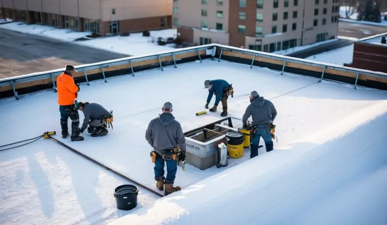 Professional commercial contractors work on a commercial building in the winter